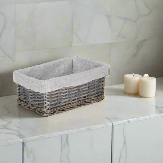 Small Antique Wash Wicker Storage Basket with White Lining