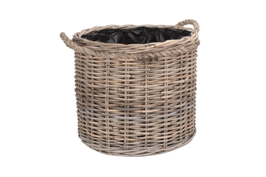 Rope Handled Rattan Round Planter With Plastic Lining Set 2