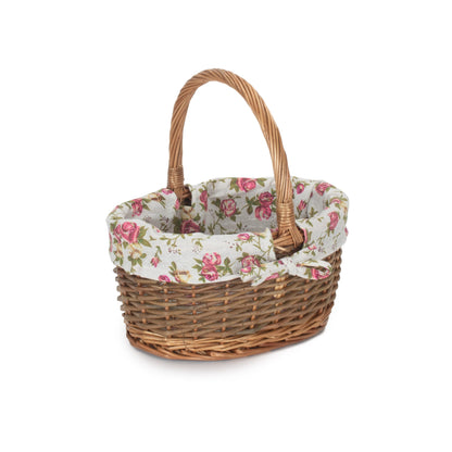 Oval Unpeeled Willow Shopper Basket with Garden Rose Lining - Size 1 Small