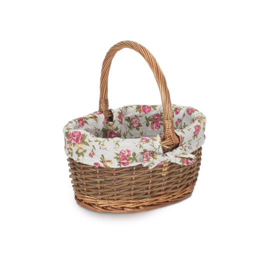 Oval Unpeeled Willow Shopper Basket with Garden Rose Lining - Size 1 Small