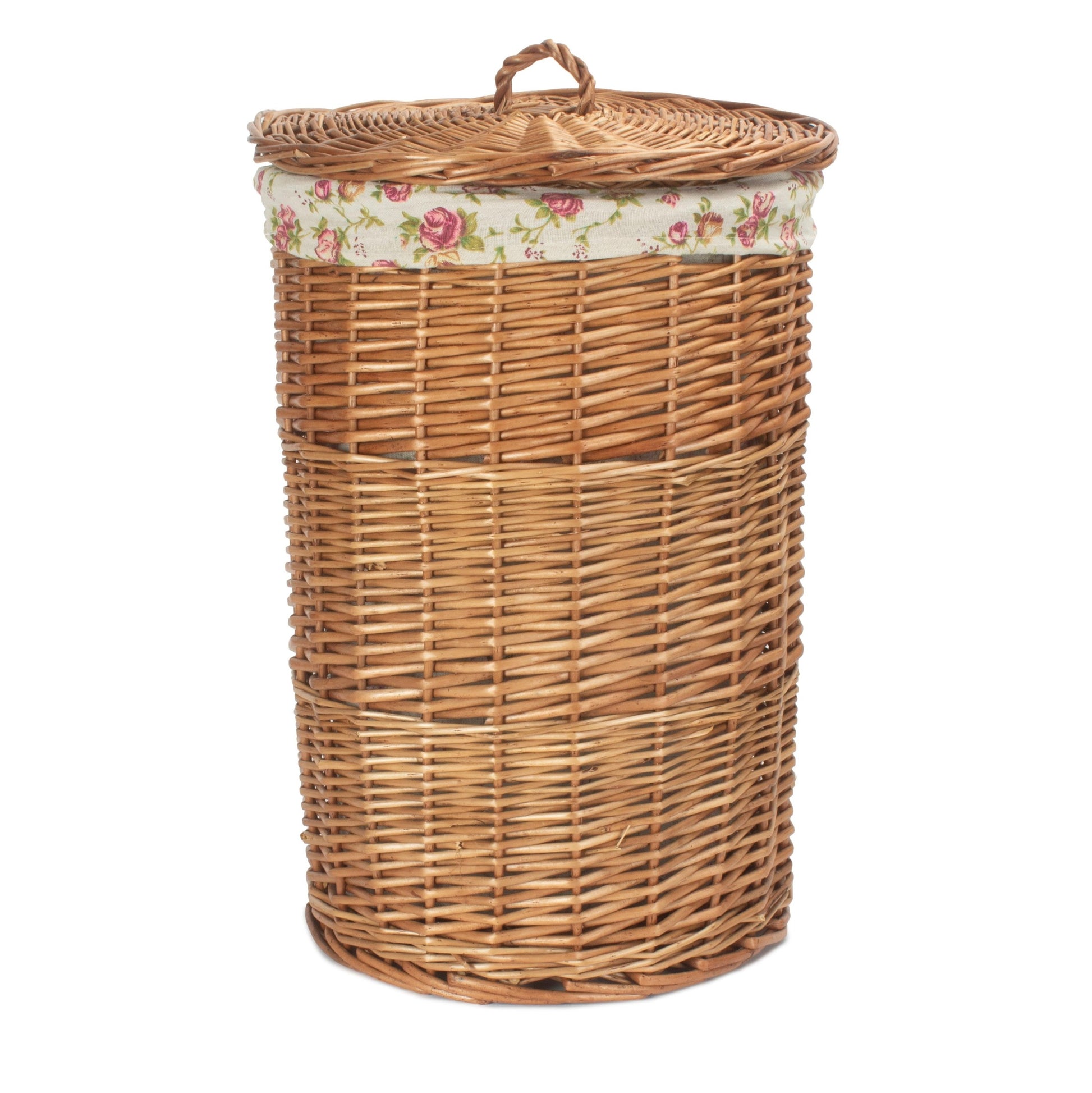 Light Steamed Willow Round Linen Basket with Garden Rose Lining - Small