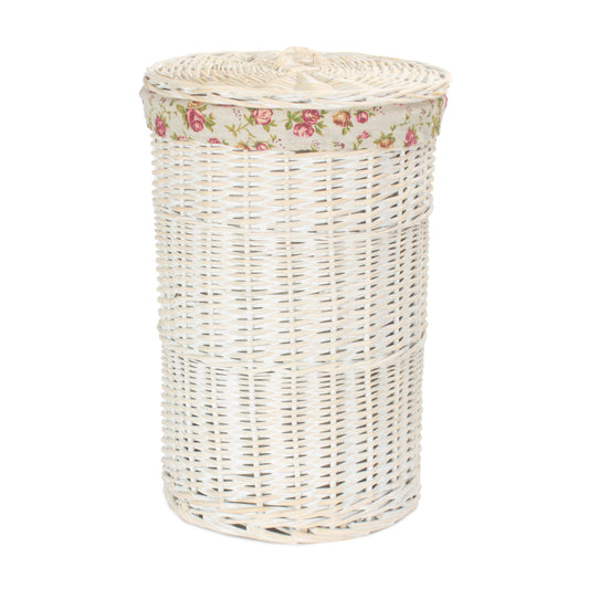 White Wash WIllow Round Laundry Hamper with Garden Rose Lining - Small