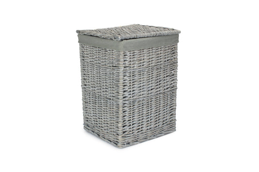 Grey Wash Willow Square Laundry Basket with Grey Sage Lining - Small
