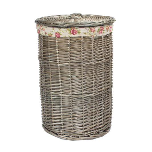 Antique Wash Willow Small Round Linen Basket with Garden Rose Lining