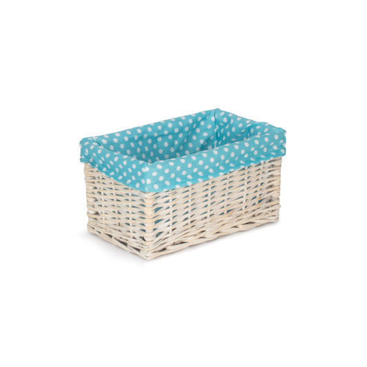 Small White Wash Willow Storage Basket with Blue Spotty Lining