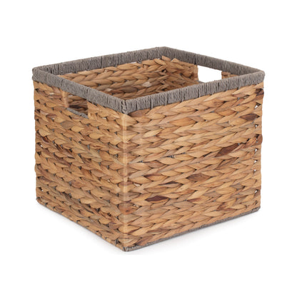 Small Square Water Hyacinth Storage Basket with Grey Rope Border