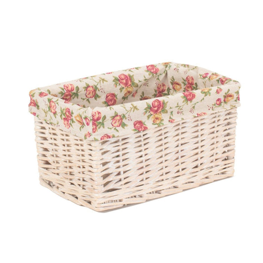 Small White Wash Willow Storage Basket with Garden Rose Lining
