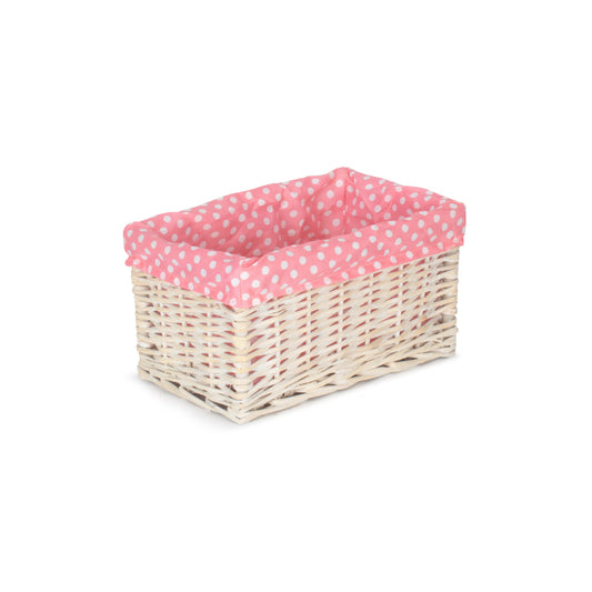 Small White Wash Willow Storage Basket with Pink Spotty Lining