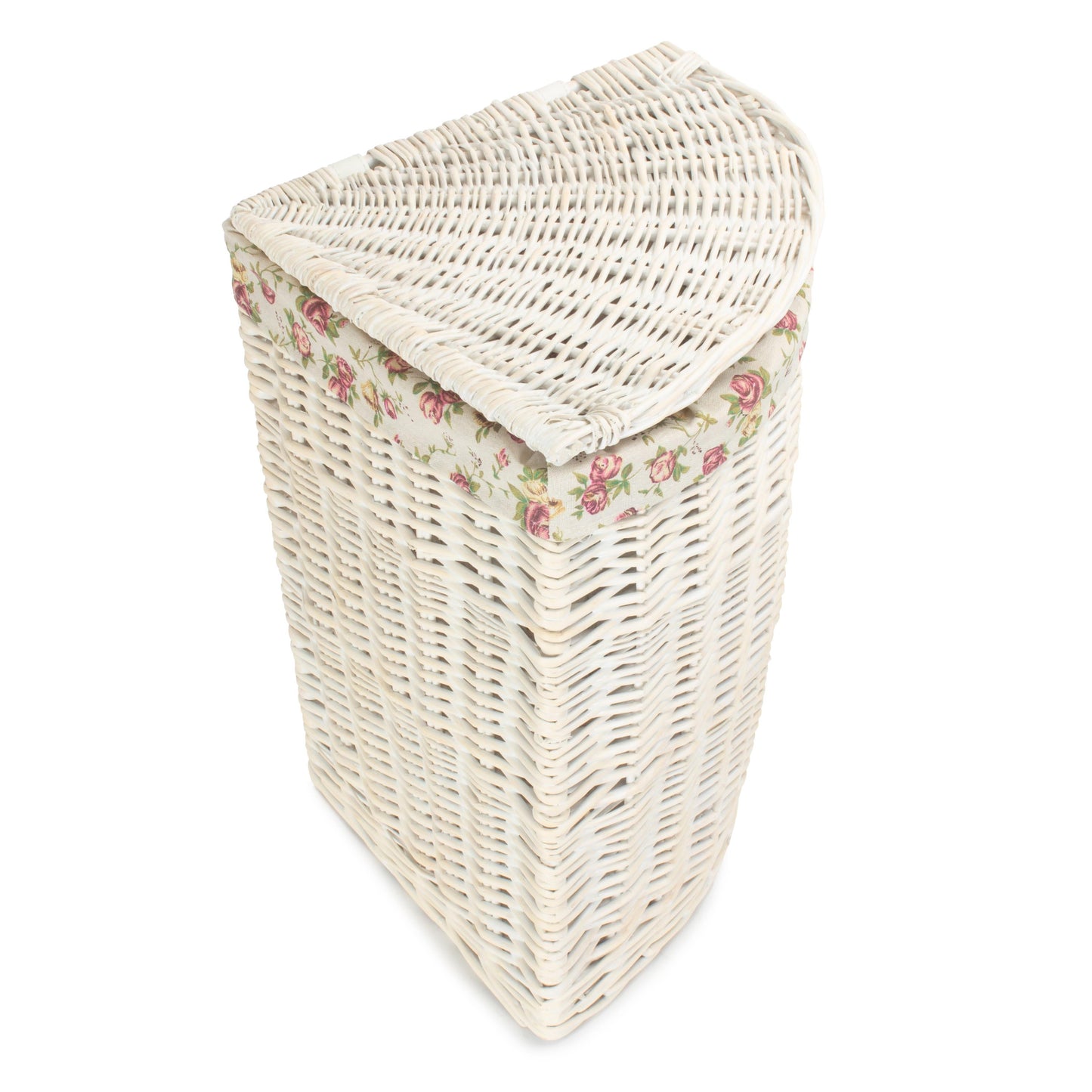 White Wash Willow Corner Laundry Hamper with Garden Rose Lining - Small