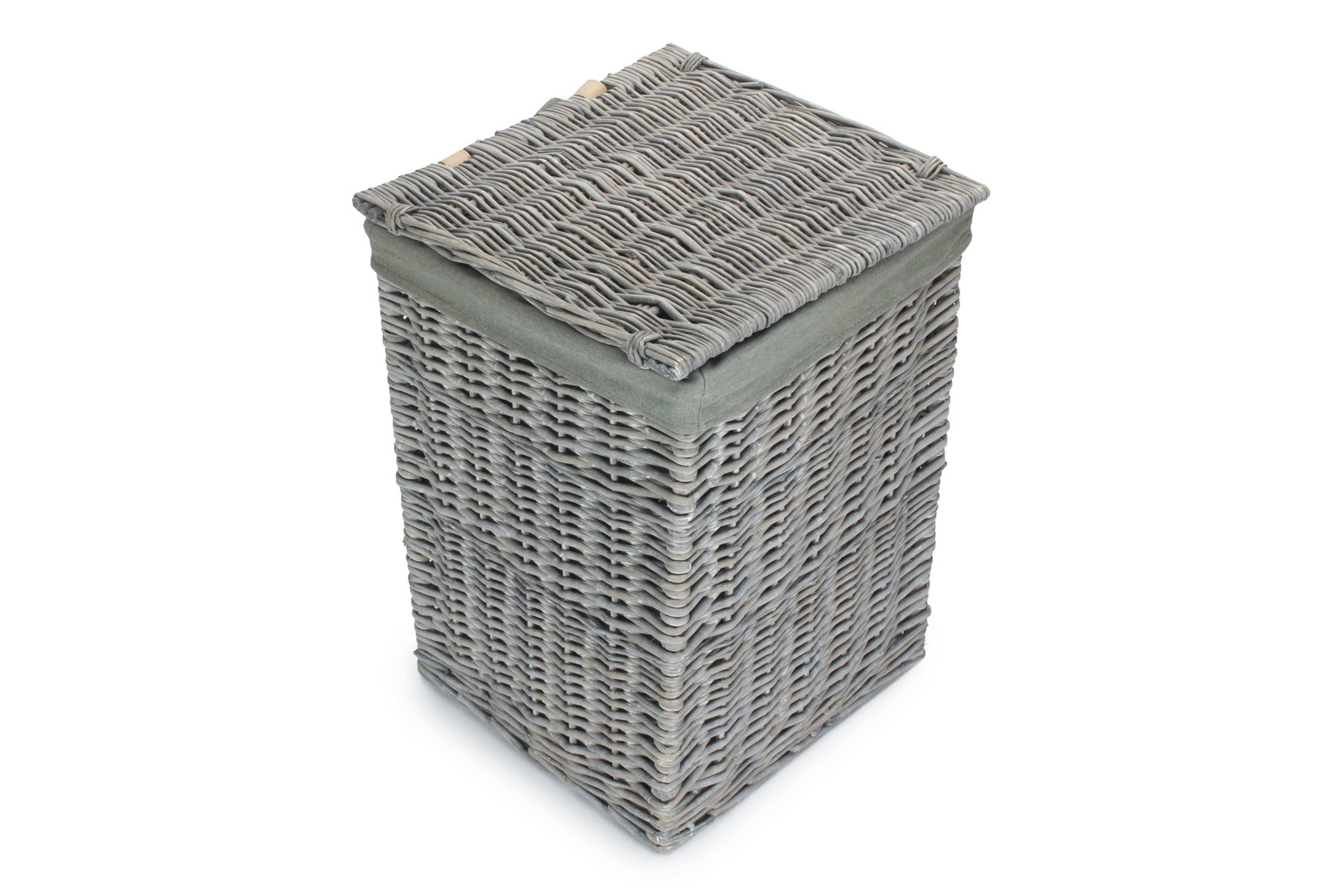 Grey Wash Willow Square Laundry Basket with Grey Sage Lining - Small