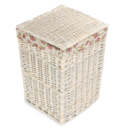 Square White Wash Laundry Hamper with Garden Rose Lining - Small