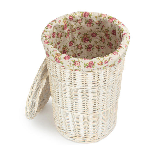 White Wash WIllow Round Laundry Hamper with Garden Rose Lining - Small