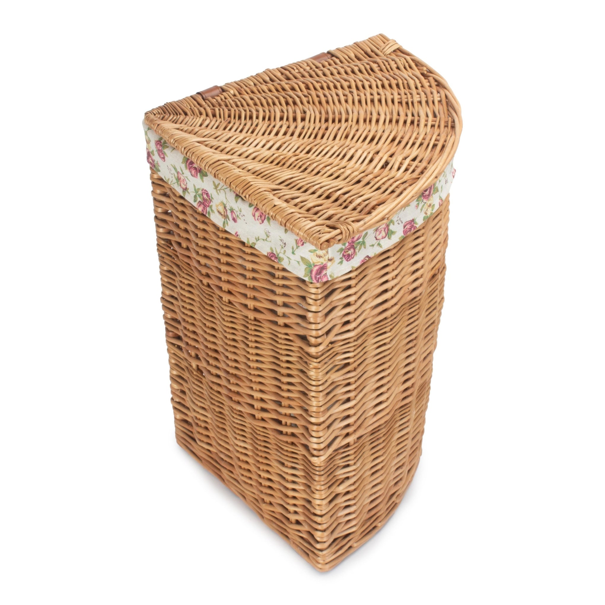 Light Steamed Willow Corner Linen Basket with Garden Rose Lining - Small