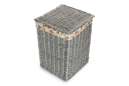 Grey Wash Willow Small Square Laundry Basket with Garden Rose Lining