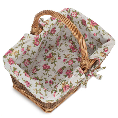 Rectangular Unpeeled Willow Shopper Basket with Garden Rose Lining - Size 1 Small