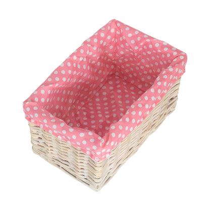 Small White Wash Willow Storage Basket with Pink Spotty Lining