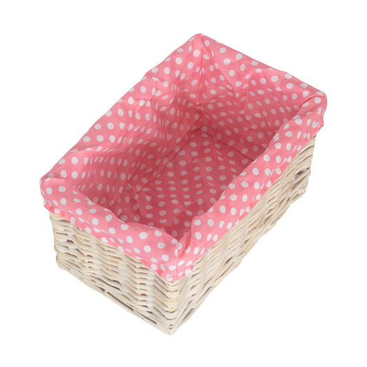 Small White Wash Willow Storage Basket with Pink Spotty Lining