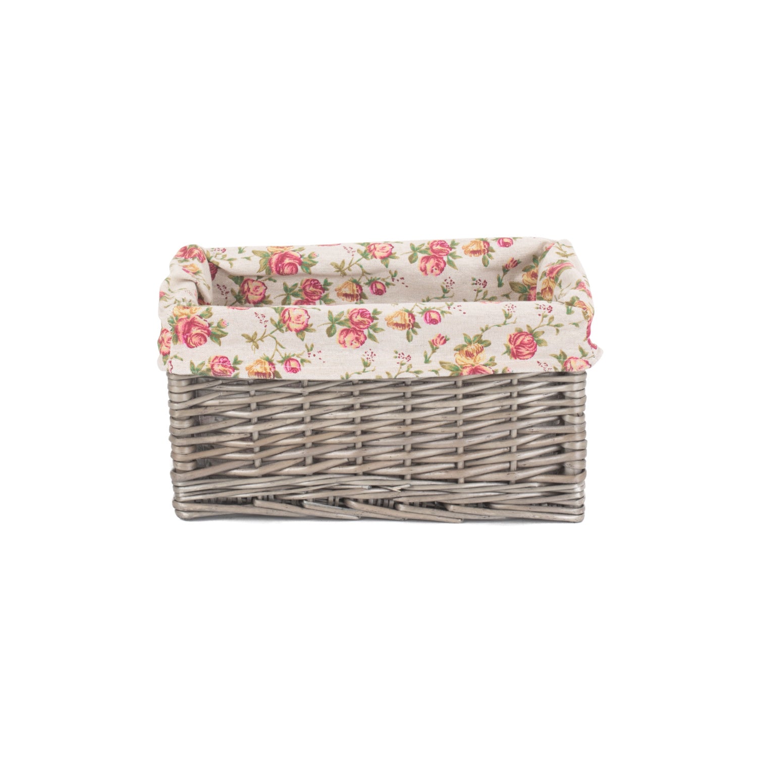 Small Antique Wash Willow Storage Basket with Garden Rose Lining