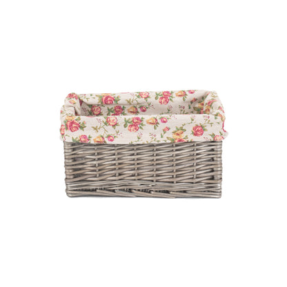 Small Antique Wash Willow Storage Basket with Garden Rose Lining