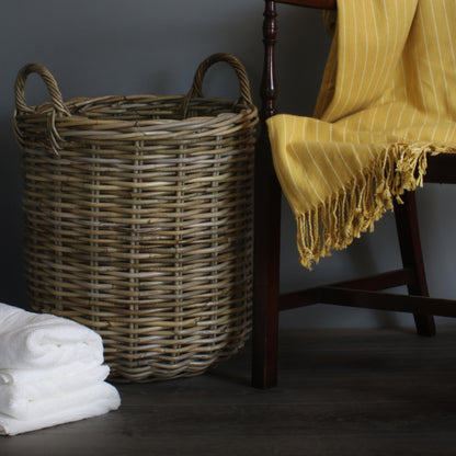 Medium Tall Round Fireside Grey Rattan Log Basket