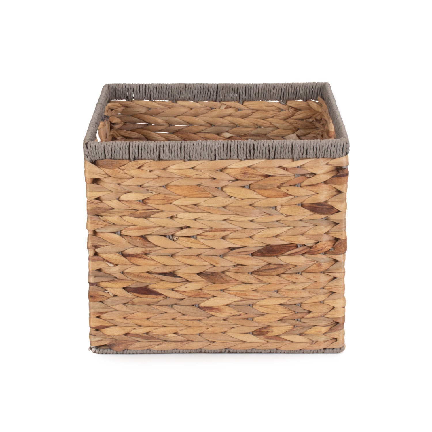 Small Square Water Hyacinth Storage Basket with Grey Rope Border