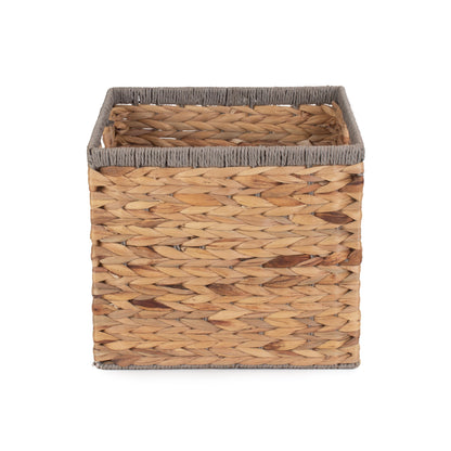 Small Square Water Hyacinth Storage Basket with Grey Rope Border