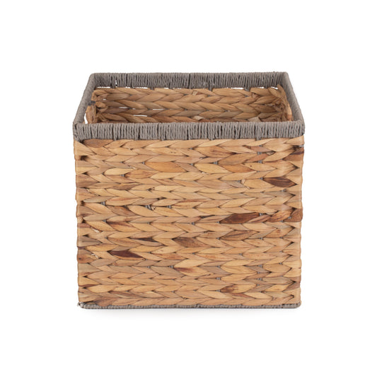 Small Square Water Hyacinth Storage Basket with Grey Rope Border