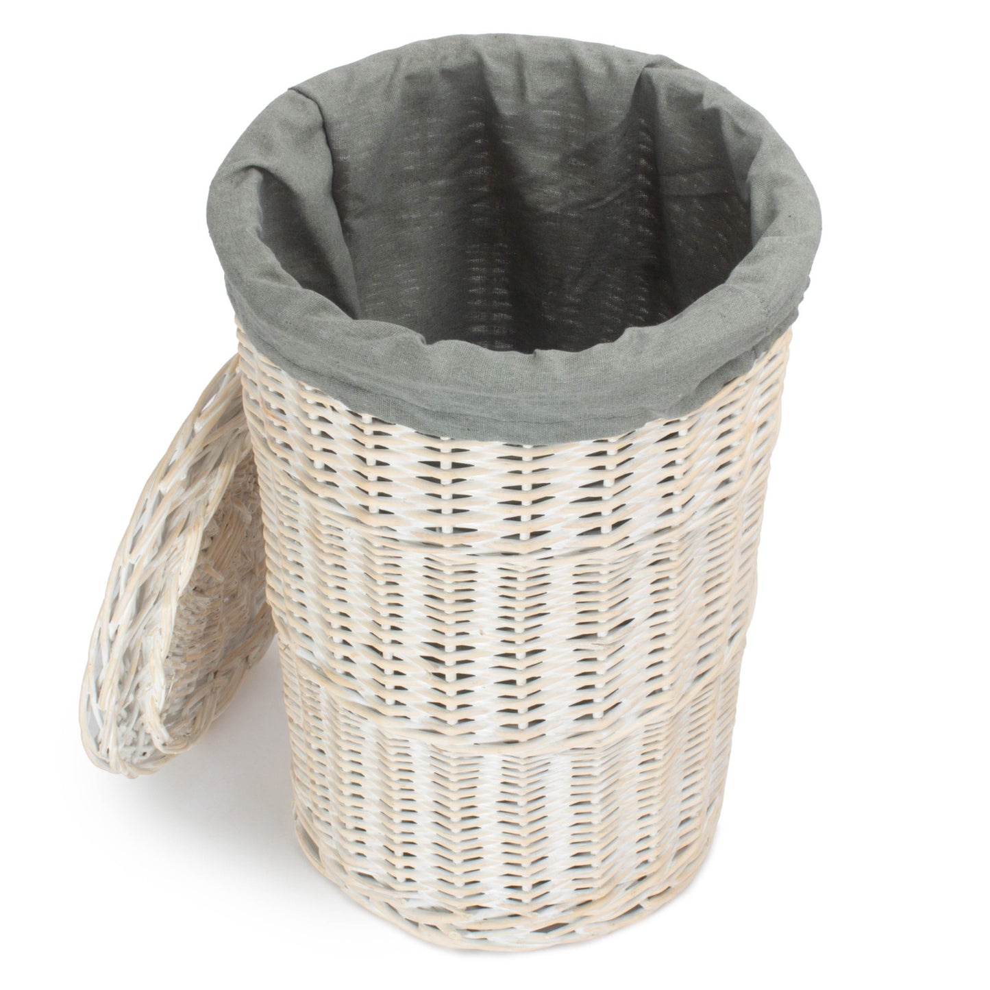 Small Round White Wash Laundry Hamper With Grey Sage Lining