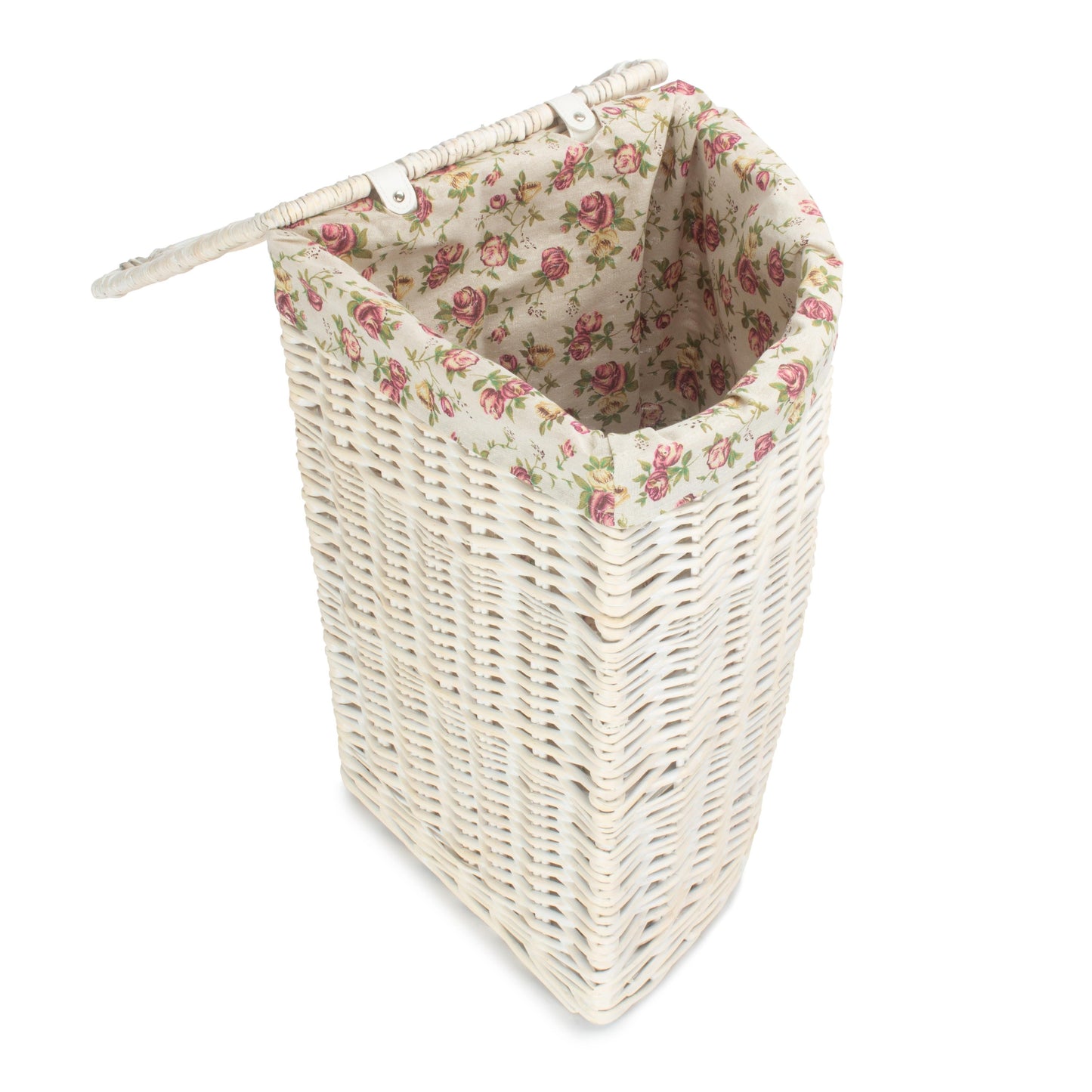 White Wash Willow Corner Laundry Hamper with Garden Rose Lining - Small