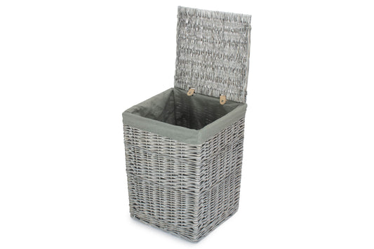 Grey Wash Willow Square Laundry Basket with Grey Sage Lining - Small
