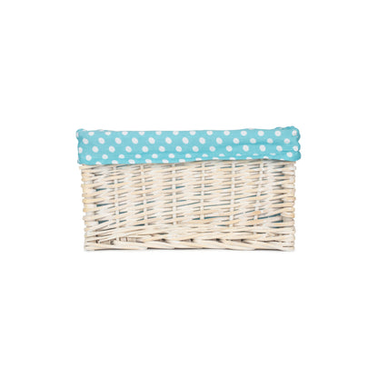 Small White Wash Willow Storage Basket with Blue Spotty Lining