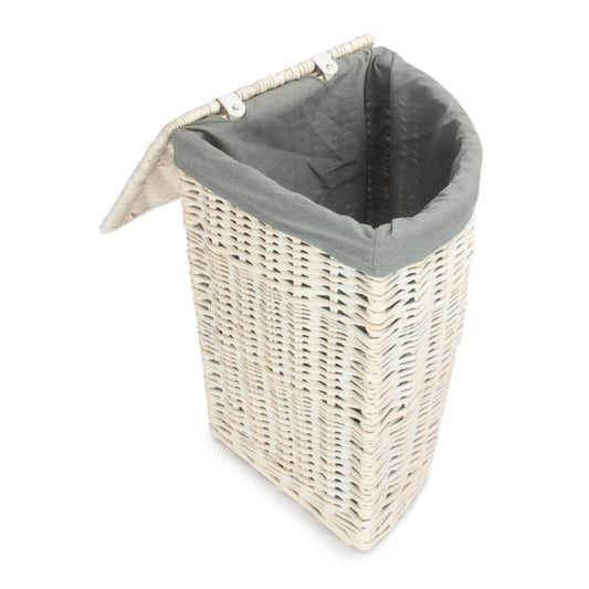White Wash Willow Corner Laundry Hamper with Grey Sage Lining - Small