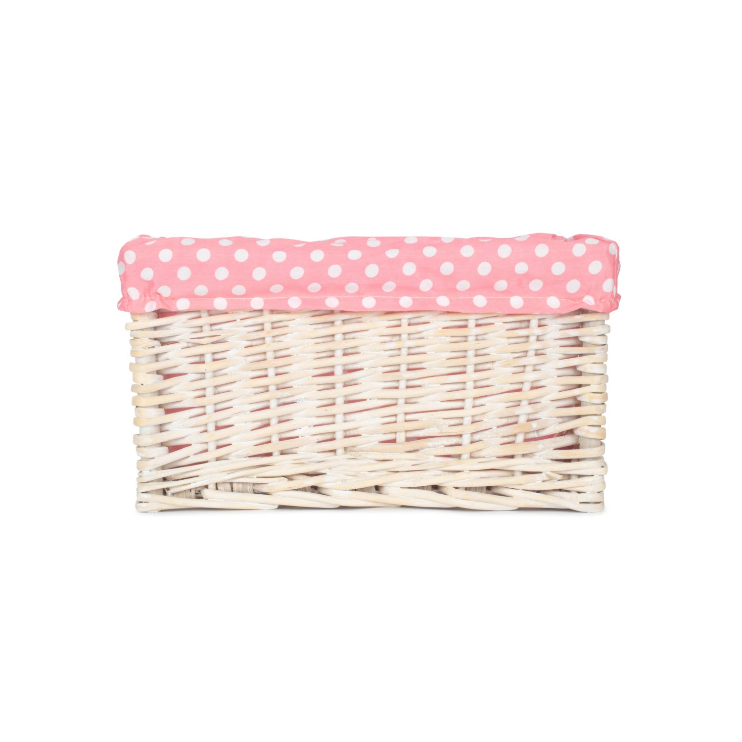 Small White Wash Willow Storage Basket with Pink Spotty Lining