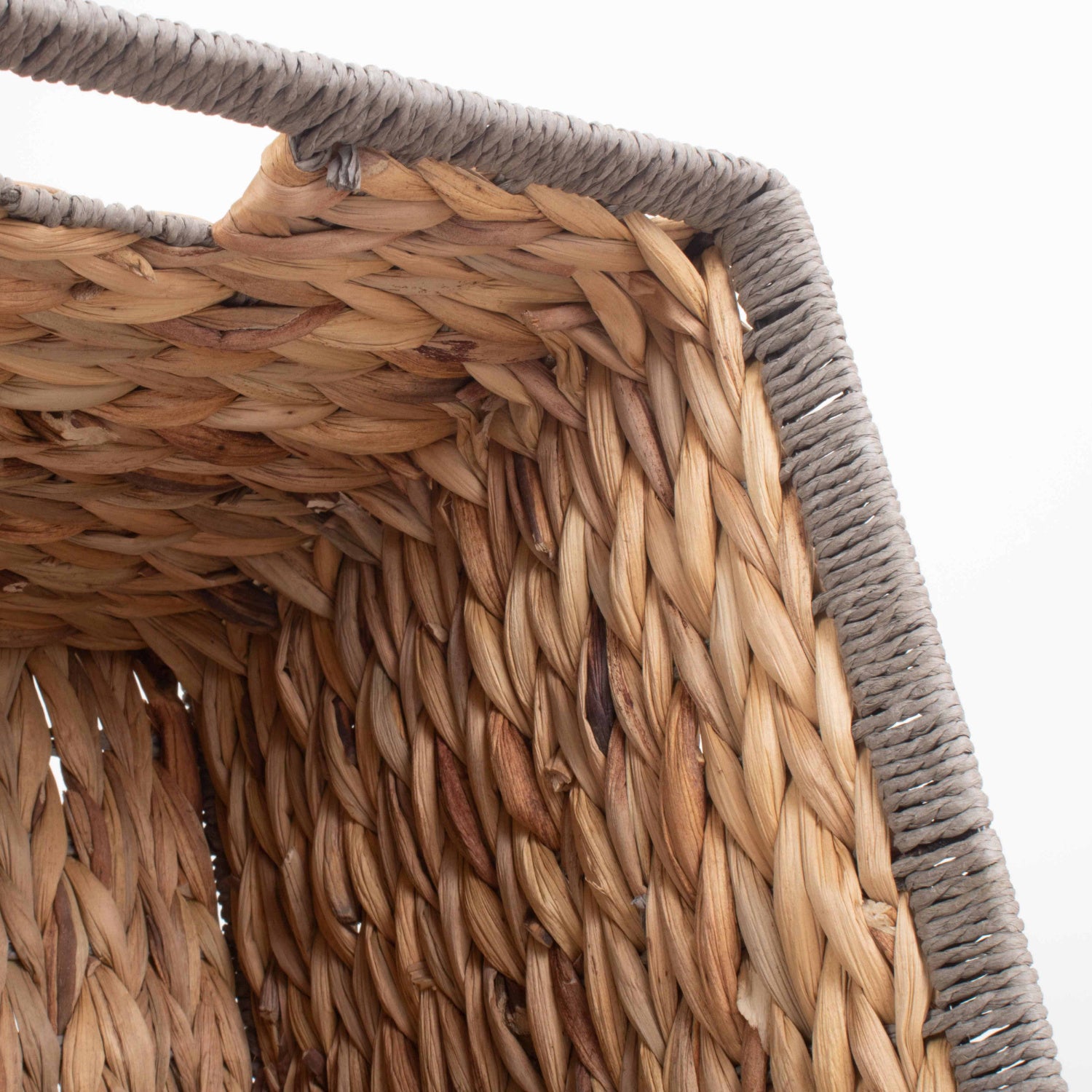 Small Square Water Hyacinth Storage Basket with Grey Rope Border