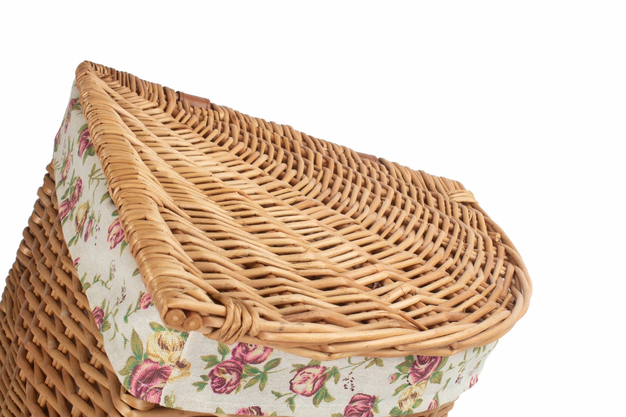Light Steamed Willow Corner Linen Basket with Garden Rose Lining - Small