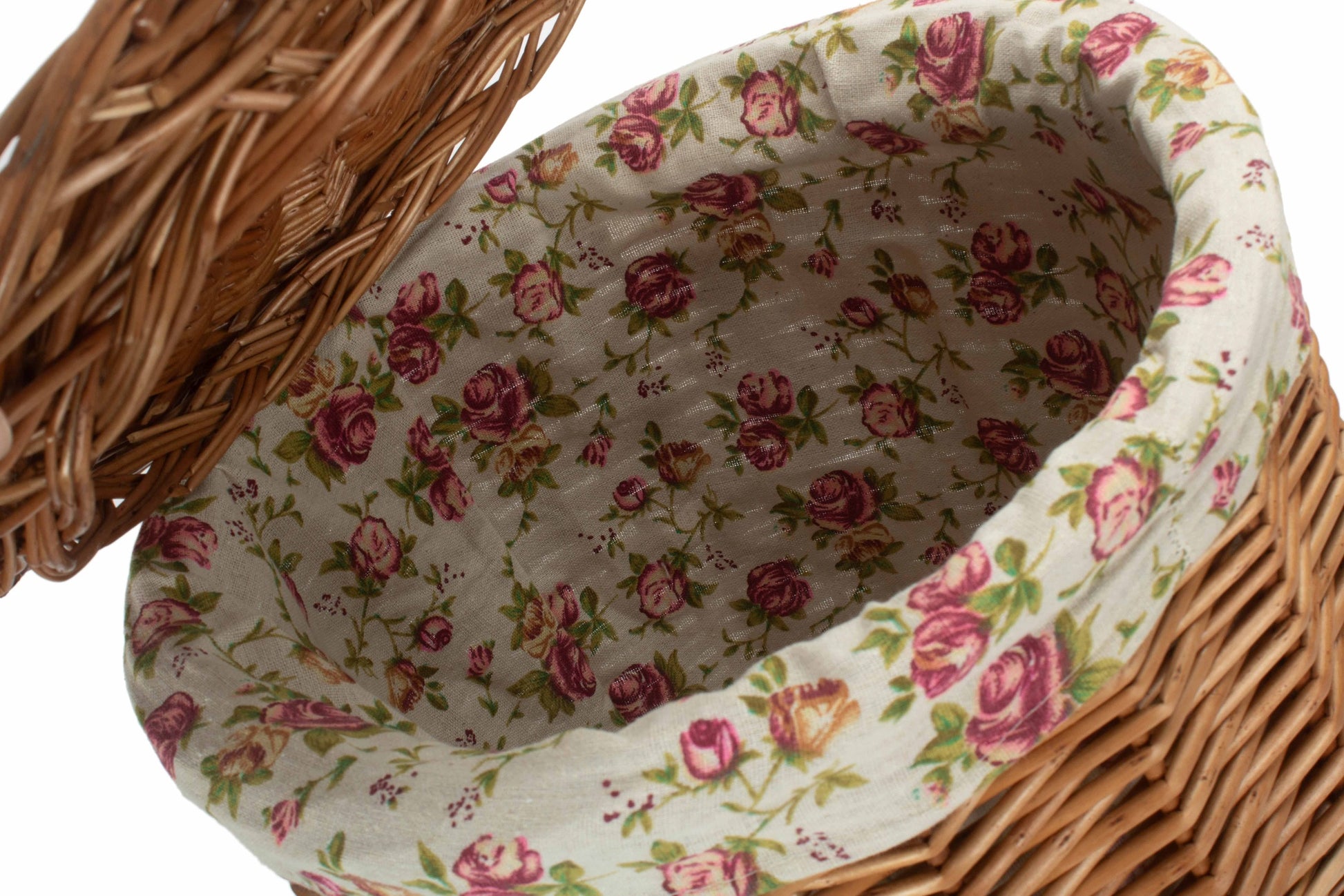 Light Steamed Willow Round Linen Basket with Garden Rose Lining - Small