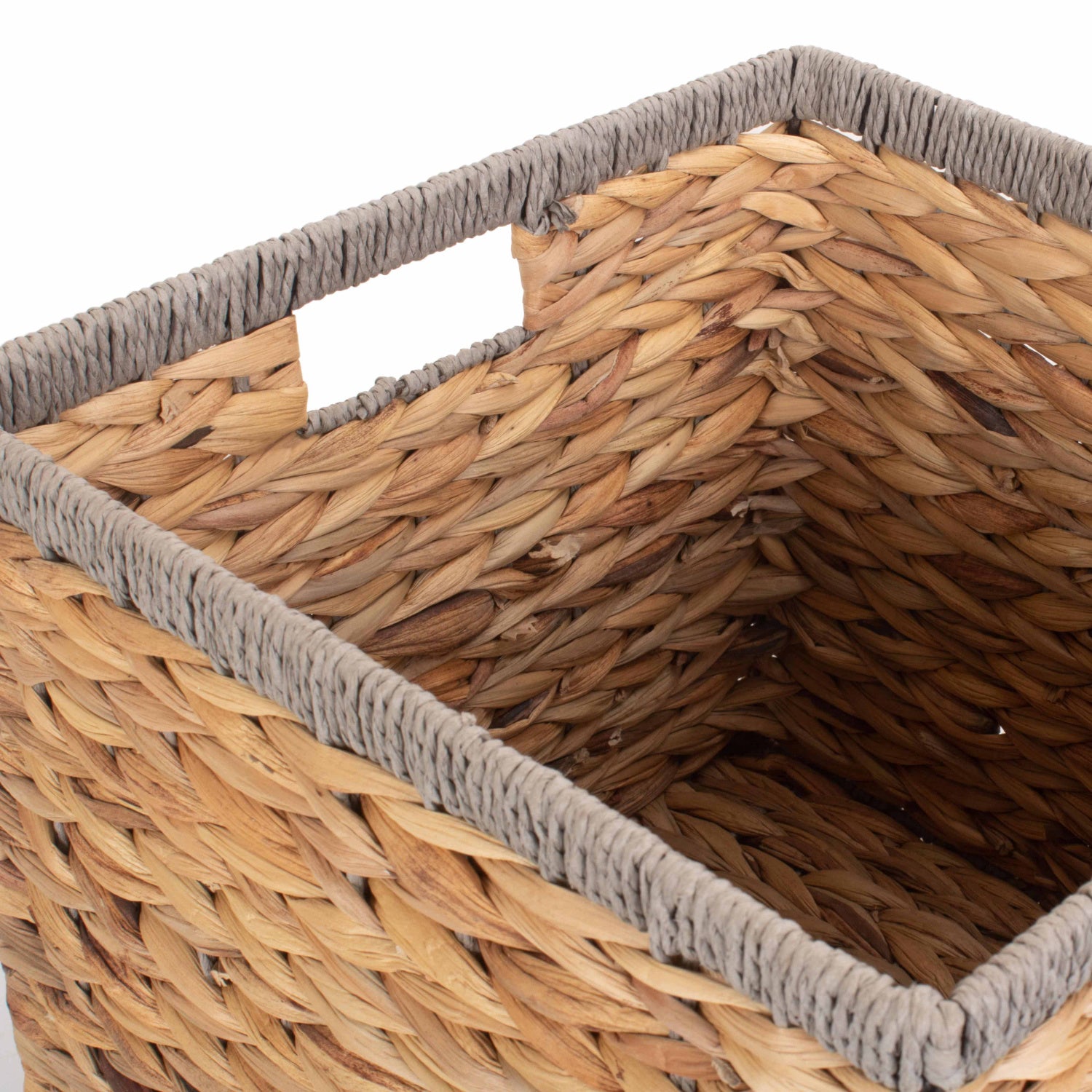 Small Square Water Hyacinth Storage Basket with Grey Rope Border
