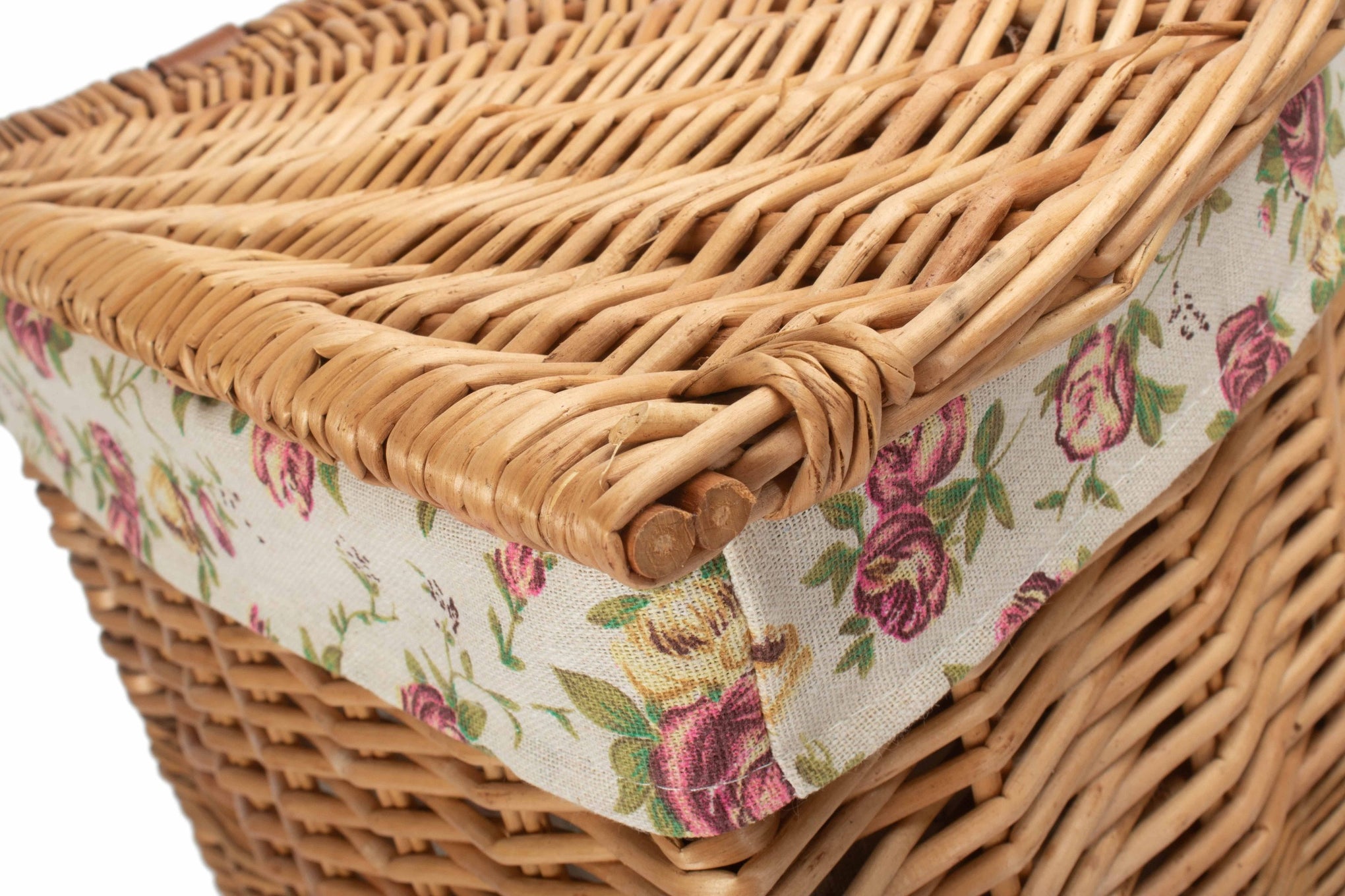 Light Steamed Willow Corner Linen Basket with Garden Rose Lining - Small
