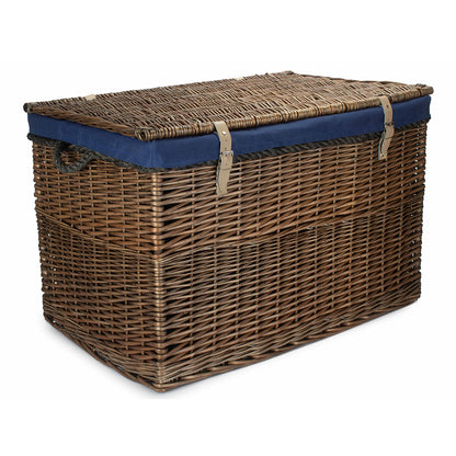 29 Inch Antique Wash Willow Storage Hamper with Rope Handles and Navy Blue Lining