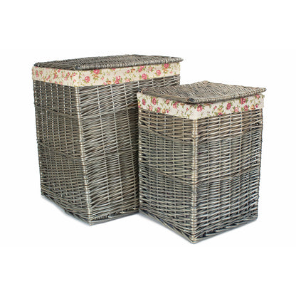 Antique Wash Willow Square Laundry Basket with Garden Rose Lining Set 2