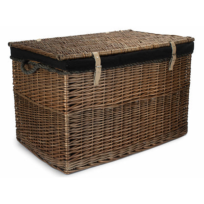 29 Inch Antique Wash Willow Storage Hamper with Rope Handles and Black Lining