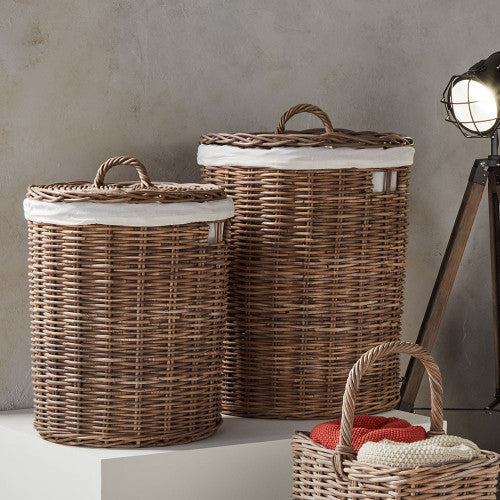 Bali Grey Kubu Set of 2 Round Lined Linen Basket Hampers