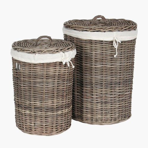 Bali Grey Kubu Set of 2 Round Lined Linen Basket Hampers