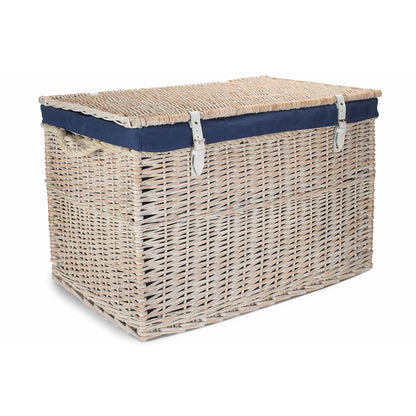 29 Inch White Wash Willow Storage Hamper with Rope Handles and Navy Blue Lining