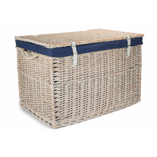 29 Inch White Wash Willow Storage Hamper with Rope Handles and Navy Blue Lining