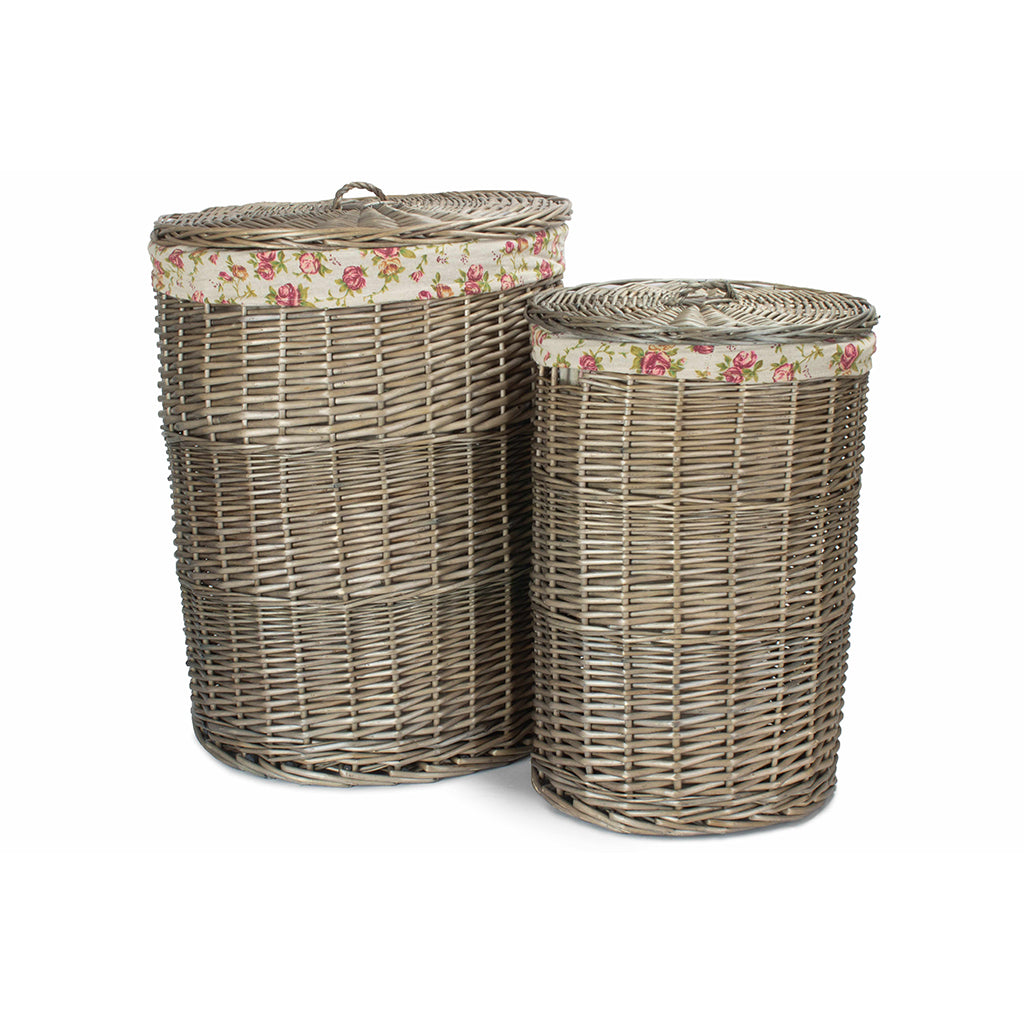 Antique Wash Willow Round Linen Laundry Basket with Garden Rose Lining Set 2