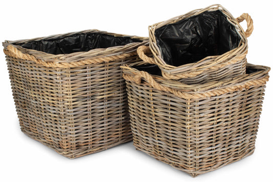 Square Tapered Rope Handled Rattan Planter With Plastic Lining