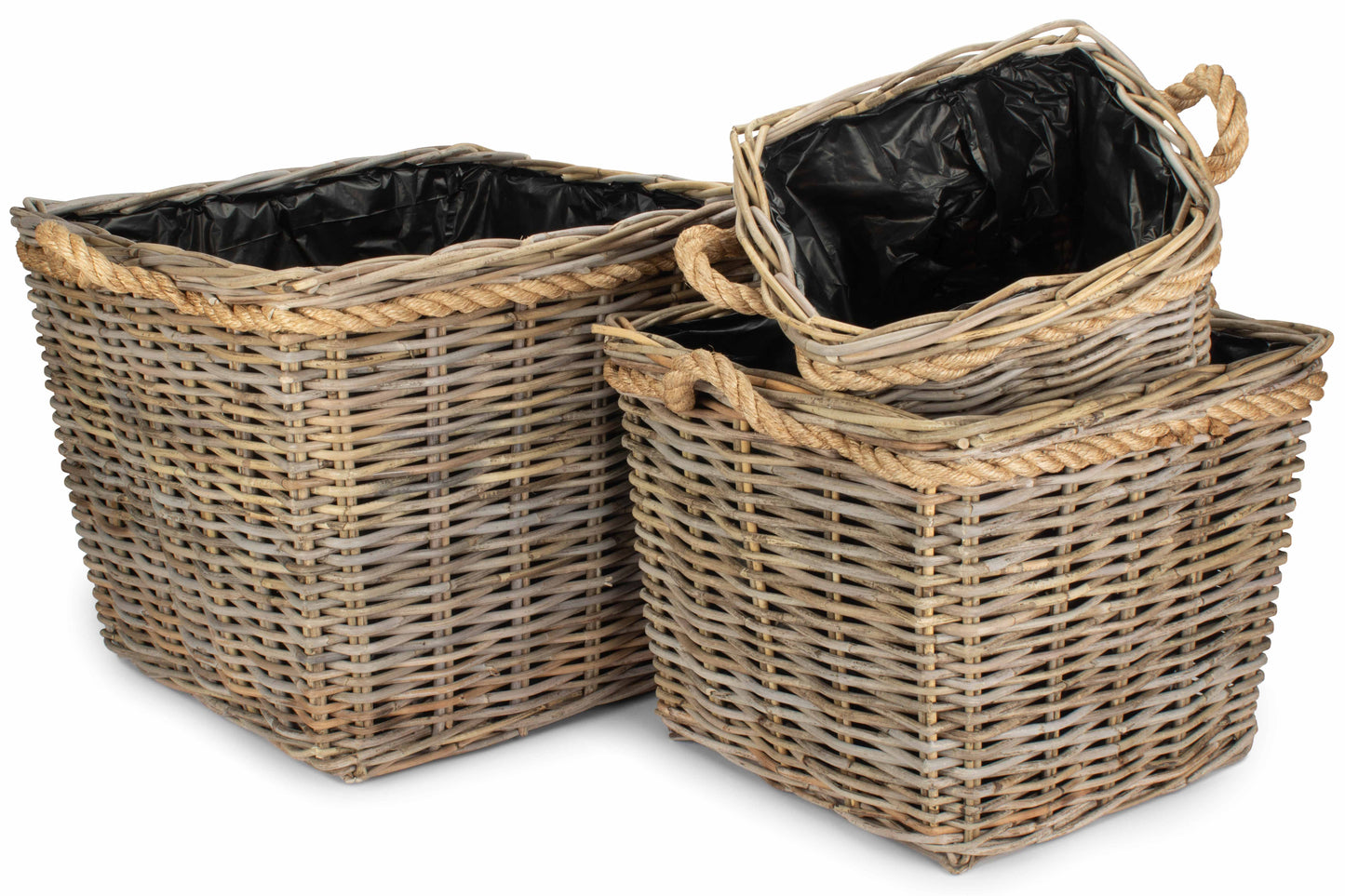 Square Tapered Rope Handled Rattan Planter With Plastic Lining