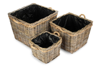 Square Tapered Rope Handled Rattan Planter With Plastic Lining