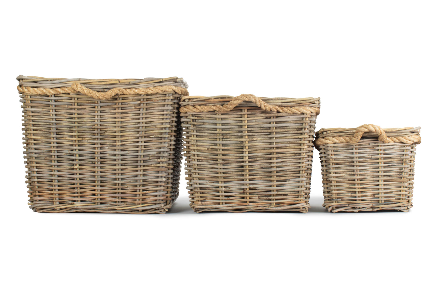 Square Tapered Rope Handled Rattan Planter With Plastic Lining